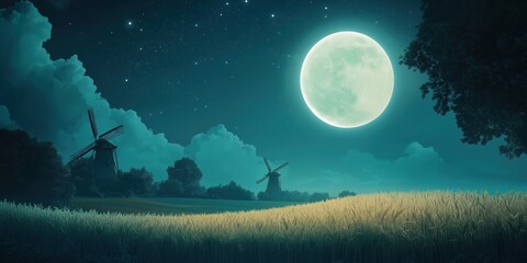 Wall Mural - Field with two windmills and a large moon in the sky