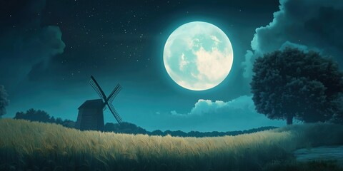 Wall Mural - Large blue moon is in the sky above a field of grass