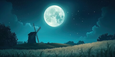 Wall Mural - Large moon is shining brightly in the night sky above a field of grass