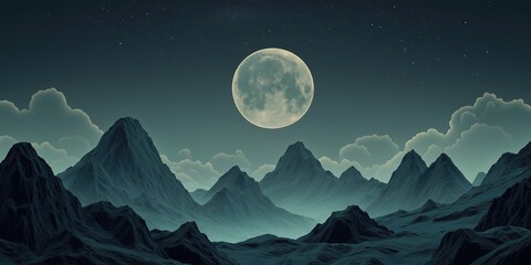 Wall Mural - Large moon is in the sky above a mountain range