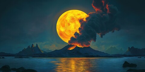 Wall Mural - Pixelated image of a large orange moon in the sky over a body of water