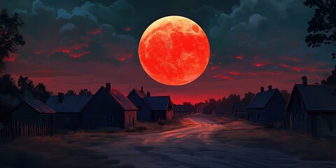 Wall Mural - Red moon is in the sky above a small town
