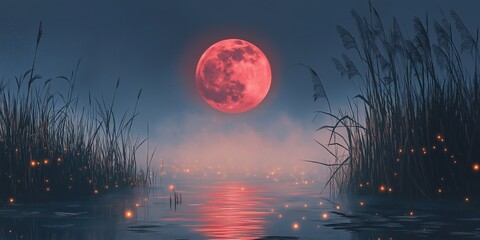 Wall Mural - Red moon is in the sky above a body of water