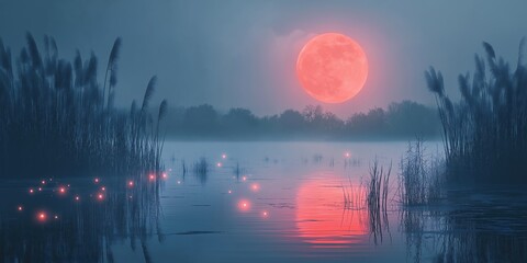 Wall Mural - Large red moon is reflected in the water of a lake