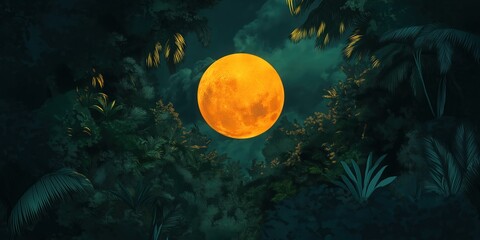 Wall Mural - Large orange moon is in the middle of a forest