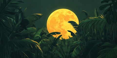 Wall Mural - Large yellow moon is in the middle of a jungle
