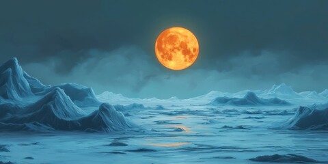 Wall Mural - Pixelated image of a moonlit sky with a large red moon in the center