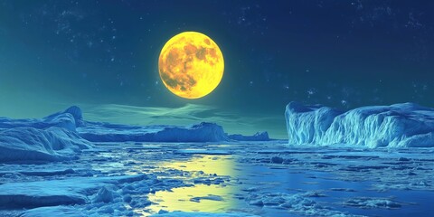 Wall Mural - Large yellow moon is in the sky above a large body of water
