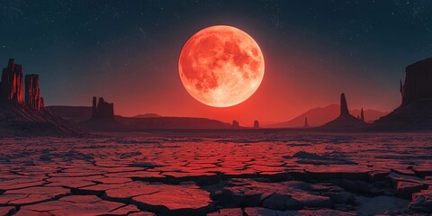 Wall Mural - Red moon is in the sky above a desolate landscape