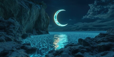Wall Mural - Computer generated image of a blue moon reflecting on the water