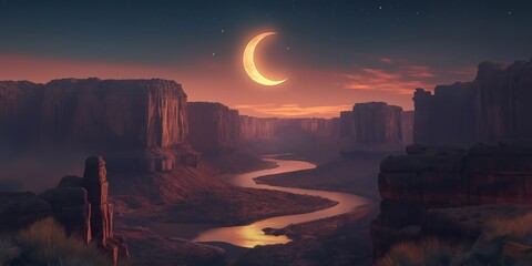 Wall Mural - Computer generated image of a river with a large orange moon in the sky