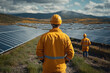 © sofiko14 - Engineers inspecting large solar farm in sunny rural landscape