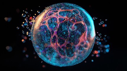 Spherical abstract form with glowing network and particles, digital art. Futuristic technology and innovation concept