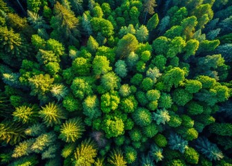 Wall Mural - Aerial View of a Serene Summer Forest, Emphasizing Minimalist Greenery and Natural Patterns in a Vibrant Landscape Bathed in Warm Sunshine and Soft Shadows