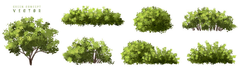 vector watercolor green tree or forest side view isolated on white background for landscape and arch