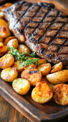 Wall Mural - Grilled steak with roasted potatoes and thyme on wooden tray