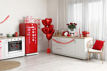 Wall Mural - Interior of festive kitchen with heart-shaped balloons, wine, gift boxes and hearts. Valentine's Day celebration