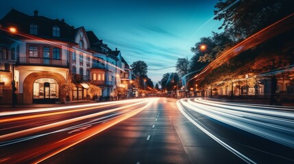 Wall Mural - A long exposure photograph of a bustling city at night with a soft pastel background. The subject is placed to the left with empty space on the right side of the frame.,generative ai illustration