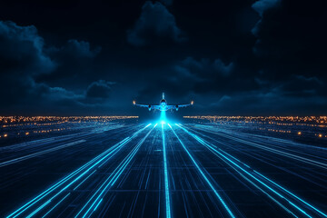 Wall Mural - airplane taking off on a futuristic digital runway