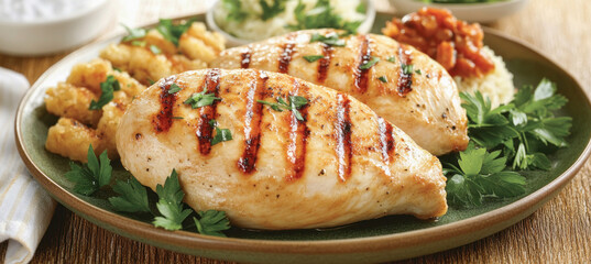 Wall Mural - Grilled chicken breast with garnish and side dishes presenting a healthy meal