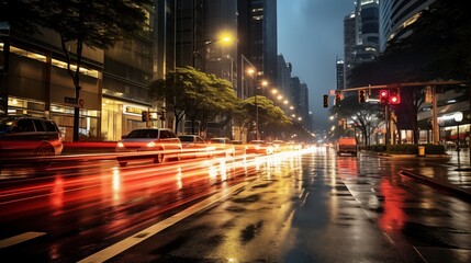 Wall Mural - A night photo of a busy street with blurred vehicle lights. The background is soft in color, and the subject is placed on the left, leaving space on the right,generative ai illustration