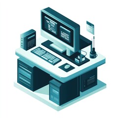 Isometric illustration of a programmer's workspace.