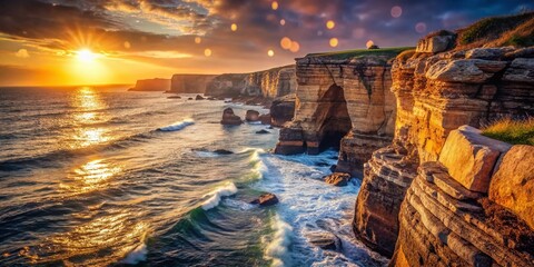 Wall Mural - Breathtaking Rocky Cliffs on the Coast with Stunning Bokeh Effect, Capturing Nature's Beauty in Soft Focus for a Serene Coastal Landscape Experience