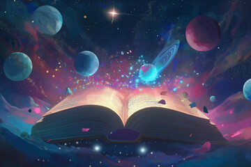 Wall Mural - an open book with planets and stars