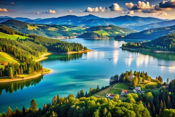 Wall Mural - Breathtaking View of Czorsztyn Reservoir in Niedzica Surrounded by Majestic Polish Mountains with Beautiful Bokeh Effect Capturing the Essence of Nature's Tranquility