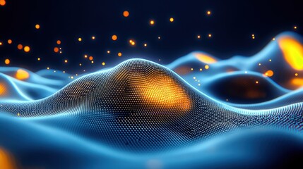 Wall Mural - Abstract digital landscape with glowing elements and fluid shapes on a dark background.