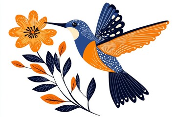 Poster - A flat design of a hummingbird hovering near a flower, with vibrant colors and clean lines