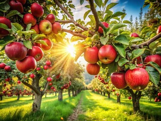 Wall Mural - Captivating Candid Photography of an Apple Orchard in Full Bloom, Showcasing Lush Green Leaves, Bright Red Apples, and Natural Sunlight Filtering Through the Trees