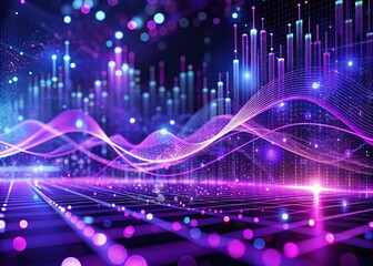 Captivating Data Processing Visualization Over Purple Digital Wave Background Showcasing Advanced Computer Interface and Innovative Business Technology Concepts