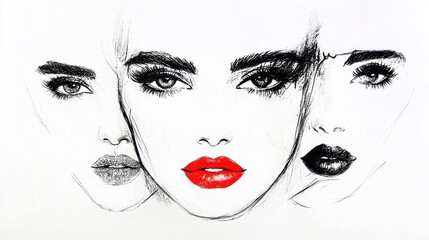 Artistic sketch of three women's faces with bold red lips on a white background.