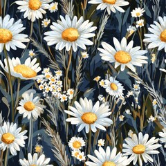 Canvas Print - Whimsical Daisy Floral Pattern seamless, pattern, background, texture