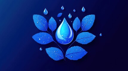 Wall Mural - blue water droplet surrounded by green leaves, artistic and vibrant design on dark background.
