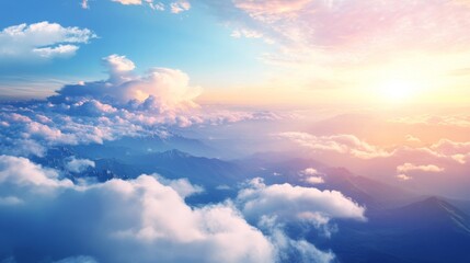 Stunning nature background featuring a wide sky with soft clouds, over a rugged earthy terrain of mountains and valleys