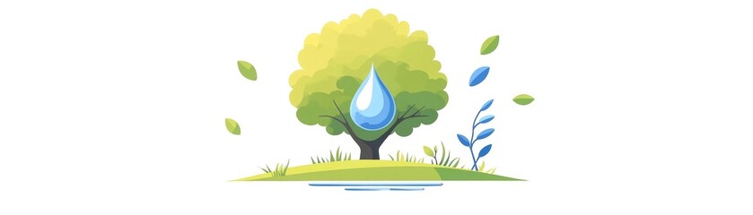 Wall Mural - a vibrant tree with a water droplet illustration, isolated on a white background.