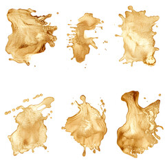 Leinwandbilder - Six golden paint splatters forming dynamic and artistic patterns, with a transparent background, ideal for artistic projects