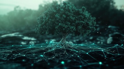Wall Mural - digital roots connected to a network forming a green tree, showcasing sustainable growth in tech.