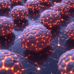 Futuristic Neural Network: A vibrant array of glowing brain-like structures on a dark grid, ideal for tech and innovation themes.