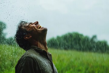 A joyful expression radiates in the rain on a lively summer day, surrounded by lush green fields under a moody gray sky