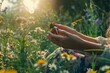 © Olsek - A gentle hand holds a small bottle in a vibrant green field. Sunlight filters through delicate flowers. This scene radiates peace and connection. Generative AI