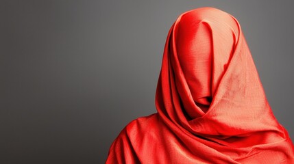 Abstract figure shrouded in vibrant red fabric against gray backdrop