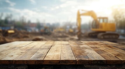 Rustic wooden tabletop against a blurred background of an active construction zone with tools and machinery.