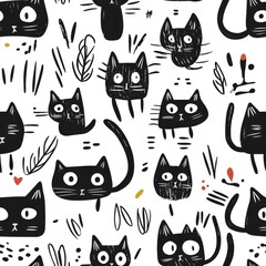 Canvas Print - Cute Black Cat Seamless Pattern Design seamless, pattern, background, texture