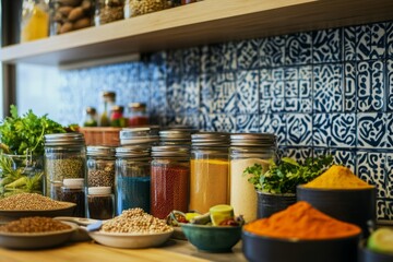 Wall Mural - Colorful spices on wooden kitchen shelf arranged neatly. Jars filled with flavors and herbs enhance culinary creativity and joy of cooking. Vibrant kitchen decor. Generative AI