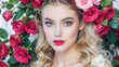© Andrei - Blond woman with a rose crown, featuring a soft, romantic aesthetic.Close-up view of a woman with a rose crown, highlighting her radiant skin and rosy cheeks.Blushing cheeks and vibrant lips, a woman'