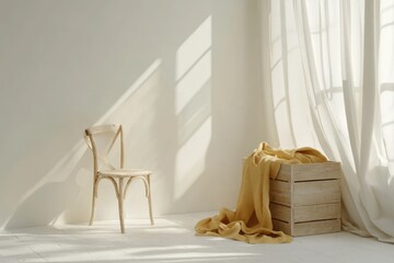 Wall Mural - Sunlit Room Interior With Chair Blanket And Crate