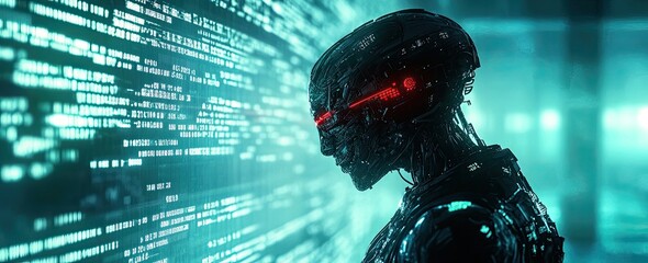 A robot is examining data on the screen, surrounded by digital code and graphs